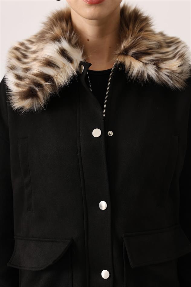 YAKASI KÜRKLÜ SÜET TAKIM - Siyah