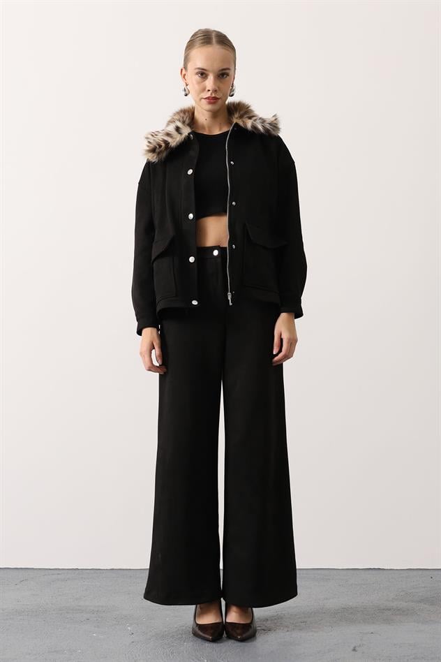 YAKASI KÜRKLÜ SÜET TAKIM - Siyah