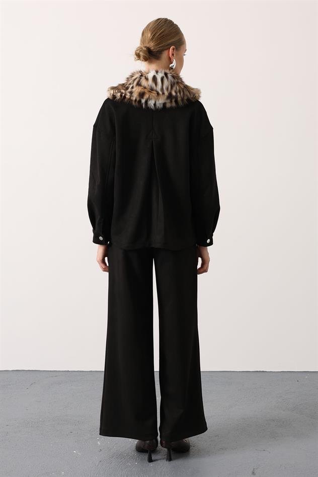 YAKASI KÜRKLÜ SÜET TAKIM - Siyah