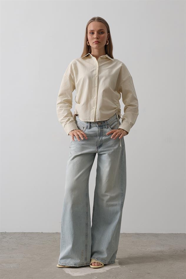 Yanları Bağlamalı Basic Gömlek - Ekru