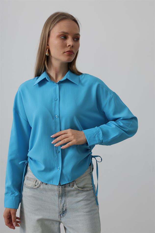 Yanları Bağlamalı Basic Gömlek - Turkuaz