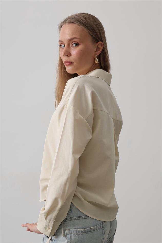Yanları Bağlamalı Basic Gömlek - Ekru