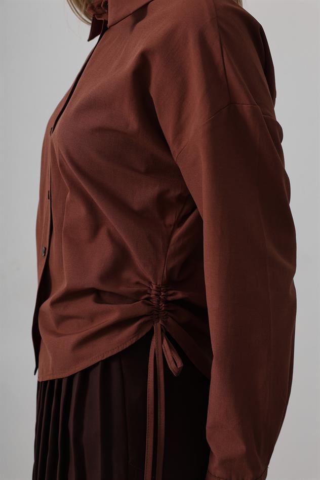 Yanları Bağlamalı Basic Gömlek - Koyu Kahve