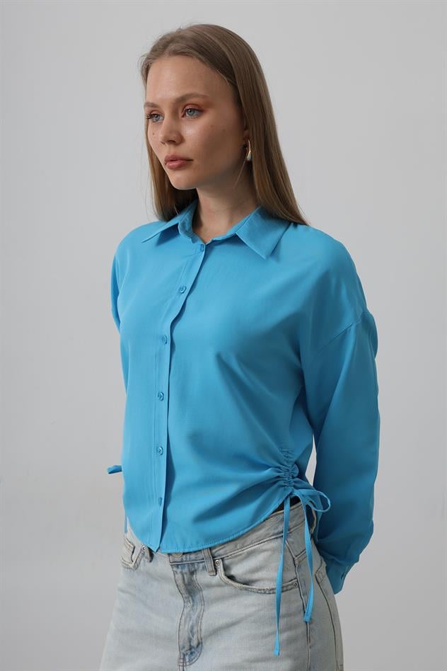 Yanları Bağlamalı Basic Gömlek - Turkuaz