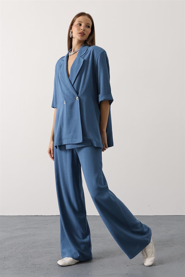 Yarım Kol Oversize Yırtmaçlı Ceket - İndigo