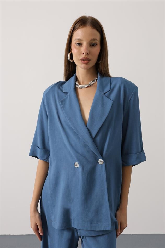 Yarım Kol Oversize Yırtmaçlı Ceket - İndigo