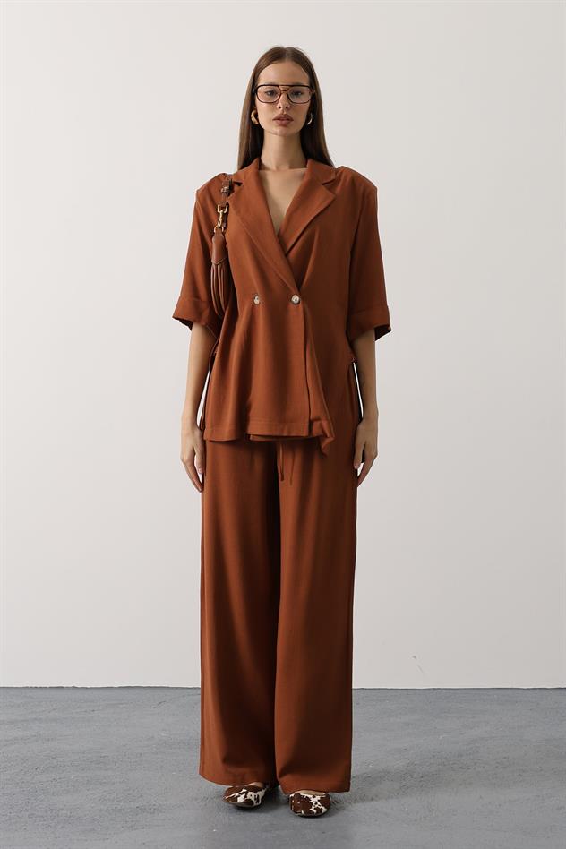 Yarım Kol Oversize Yırtmaçlı Ceket - Kahve