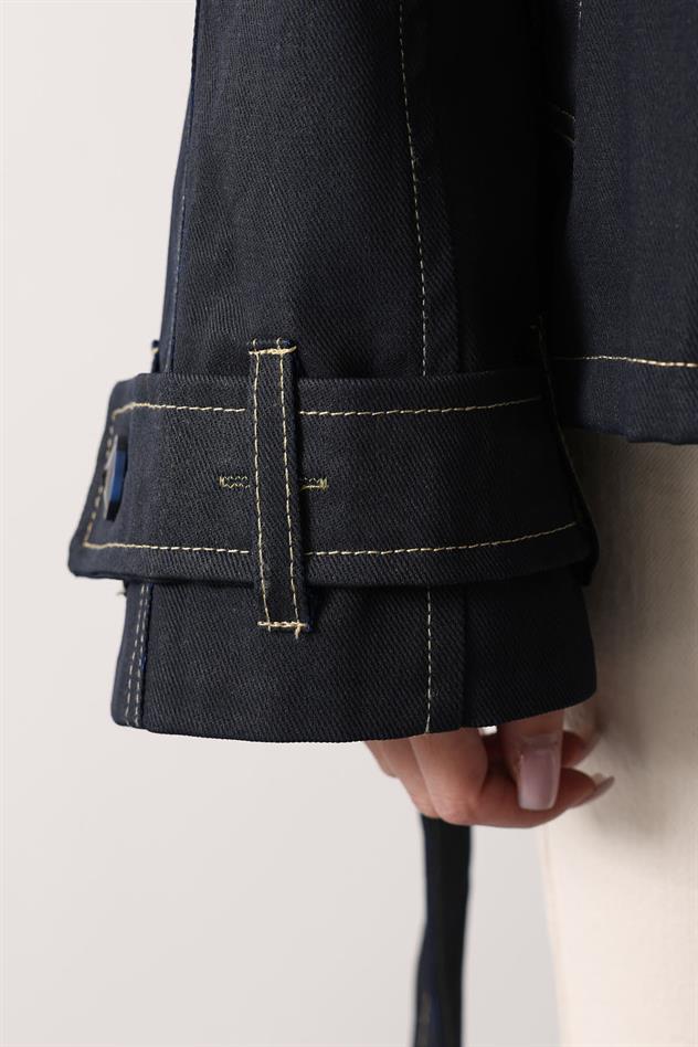 YIKAMA EFEKTLİ BAĞLAMALI DENİM CEKET - Siyah