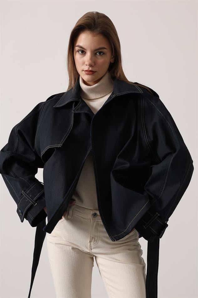 YIKAMA EFEKTLİ BAĞLAMALI DENİM CEKET - Siyah