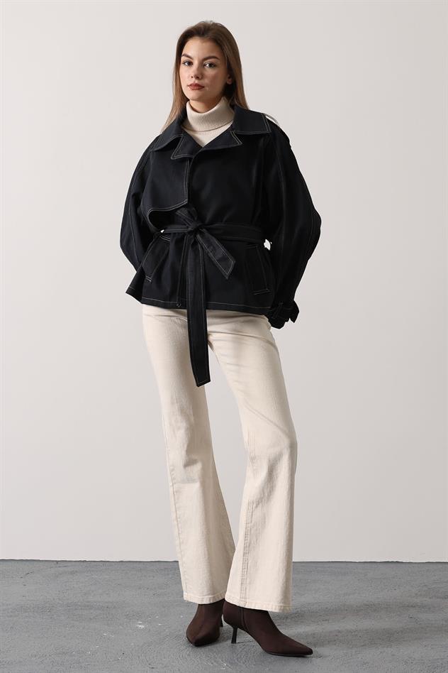 YIKAMA EFEKTLİ BAĞLAMALI DENİM CEKET - Siyah