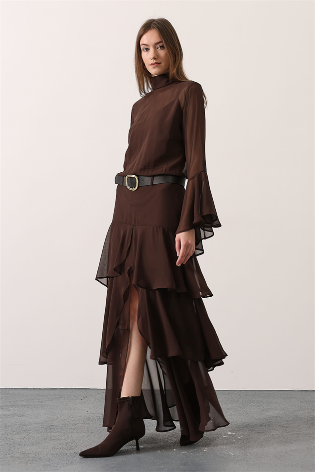 ZEBRA DESEN UZUN ELBİSE - Kahve