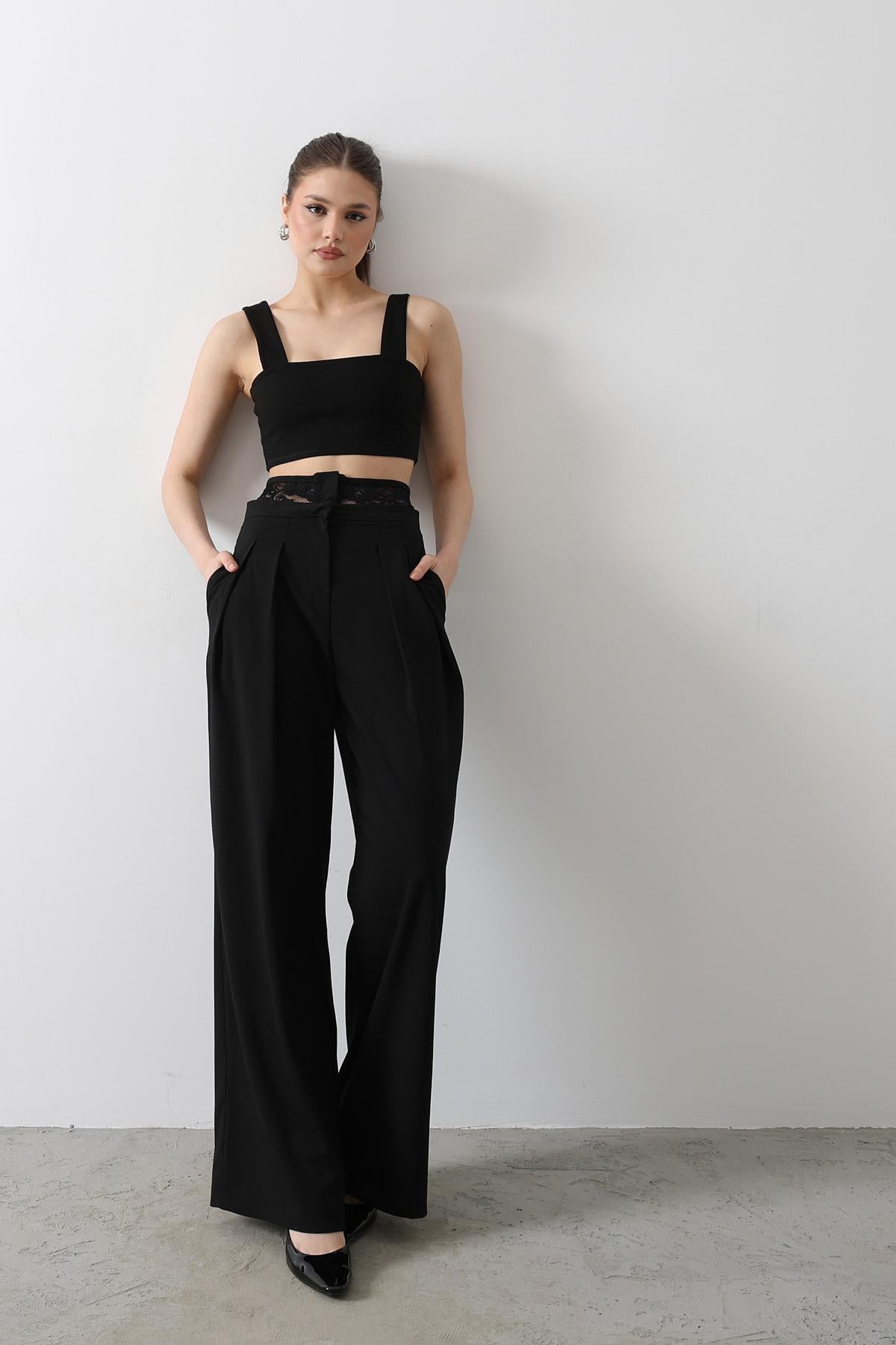 Beli Dantel Detaylı Pantolon - Siyah