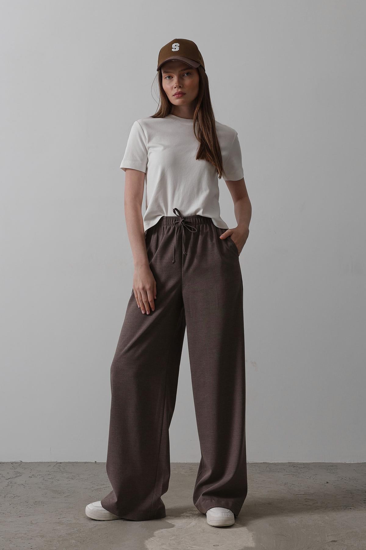 Beli Lastikli Bol Paça Pantolon - Kahve