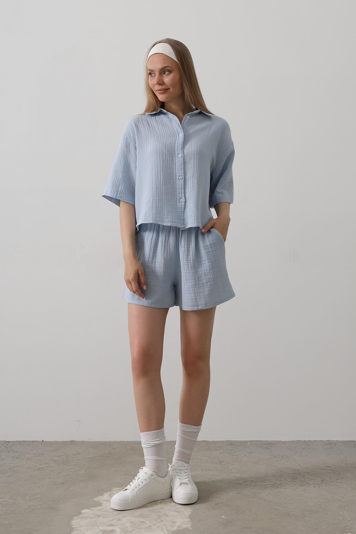 Beli Lastikli Müslin Şort - Bebe Mavisi