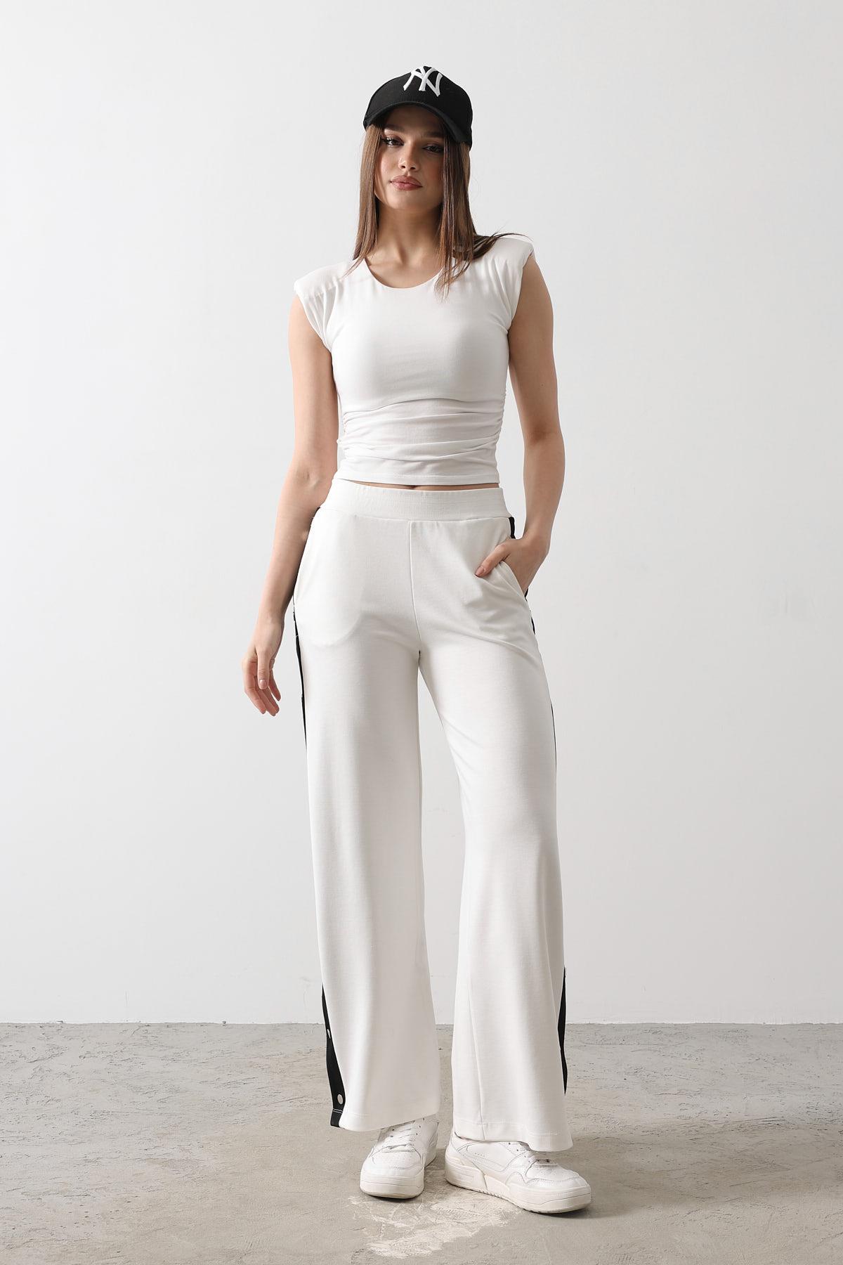 Çıtçıt Detaylı Kontrast Basic Pantolon - Beyaz