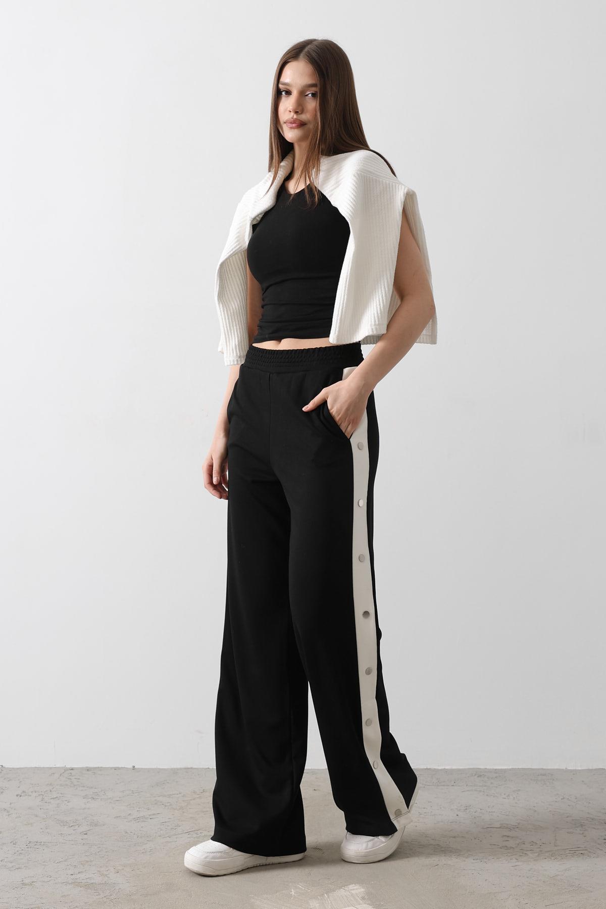 Çıtçıt Detaylı Kontrast Basic Pantolon - Siyah