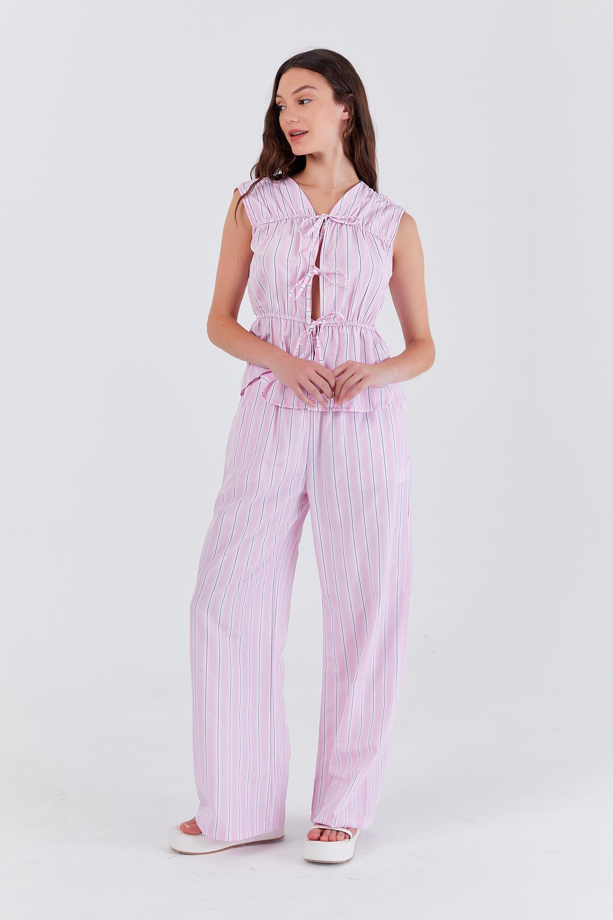 Çizgili Lastikli Pantolon - Pembe