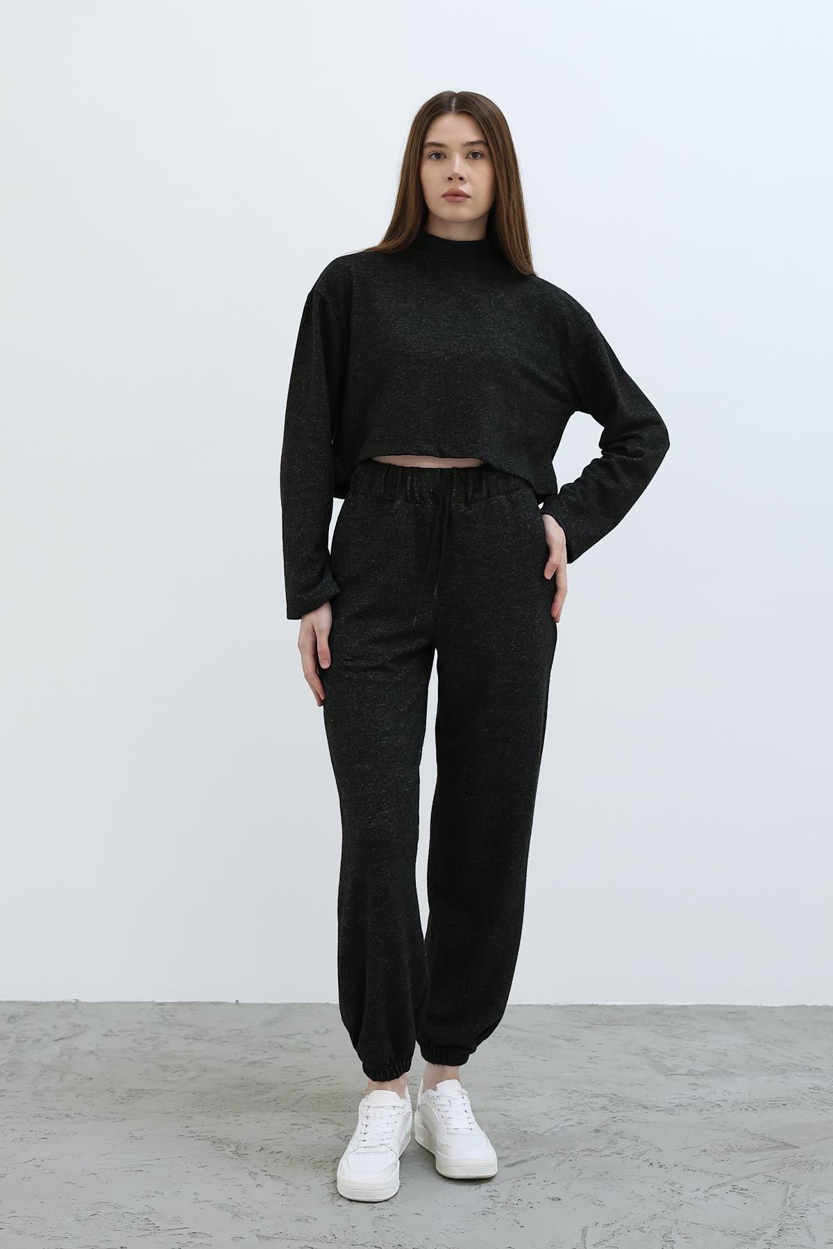 Lastikli Örme Pantolon - Siyah