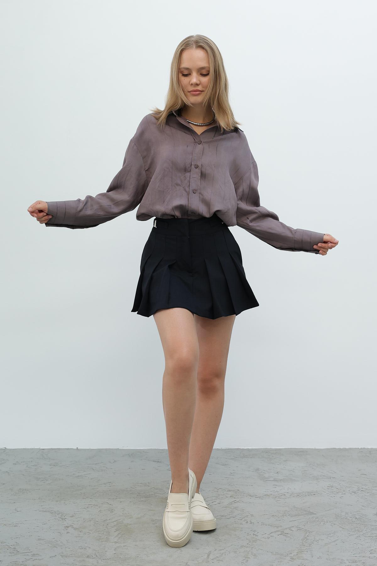 Pileli Şort Etek - Lacivert