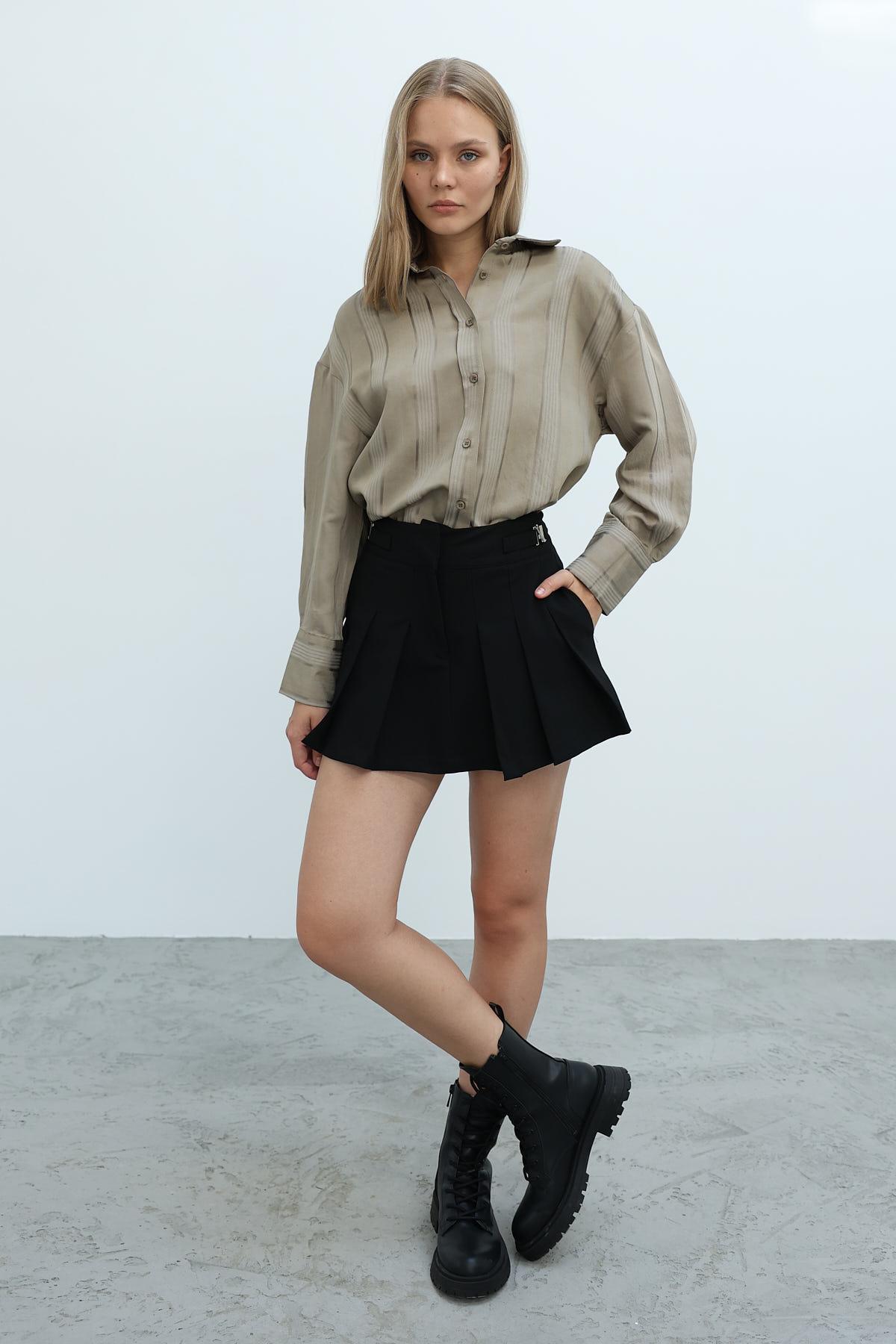 Pileli Şort Etek - Siyah