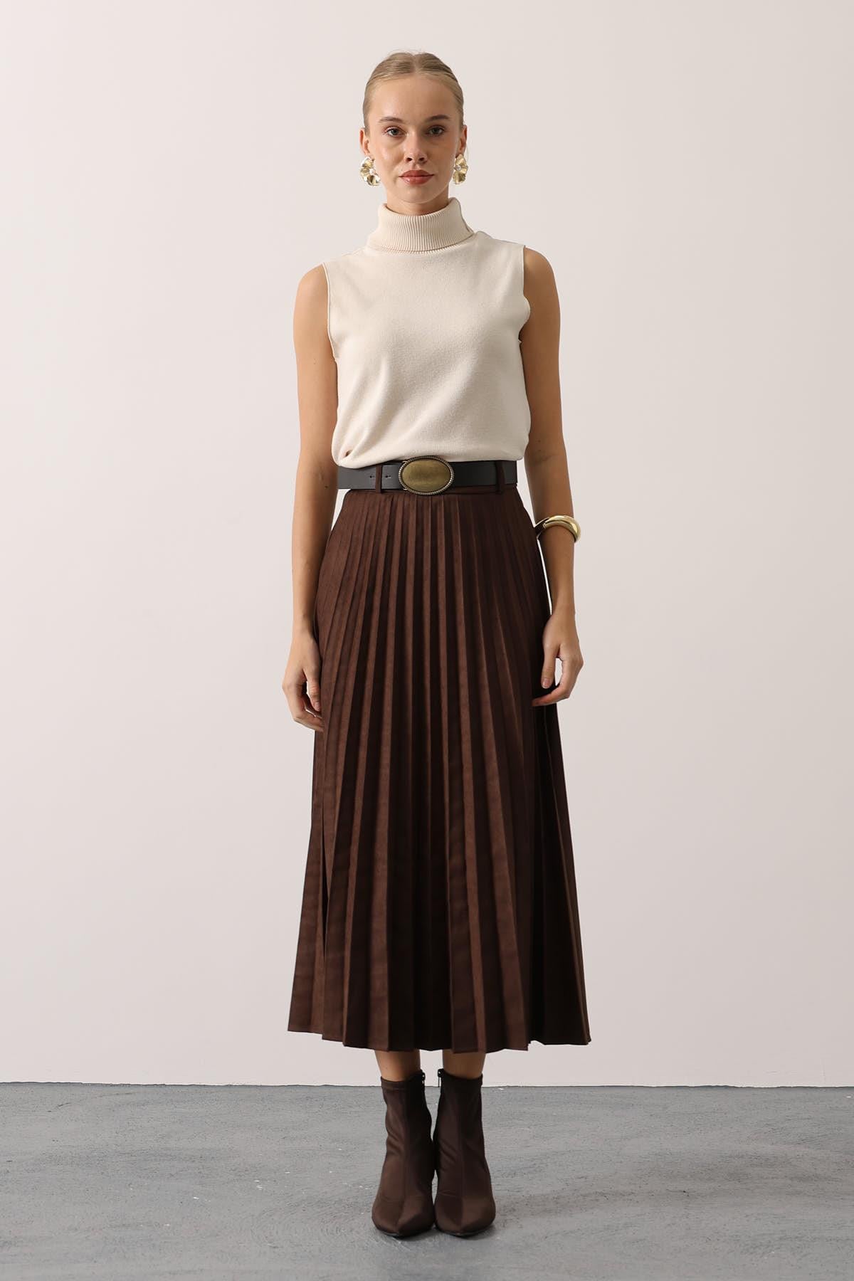 PİLİSELİ KEMER DETAYLI SÜET ETEK - Kahve