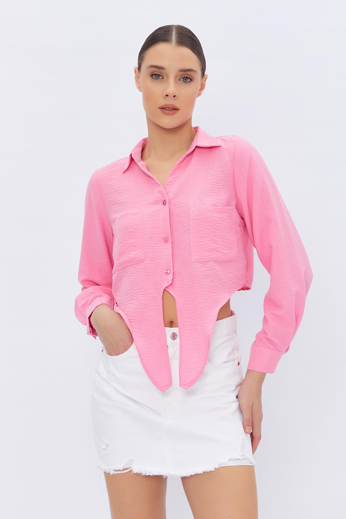 Bağlamalı Crop Gömlek - ŞEKER PEMBE