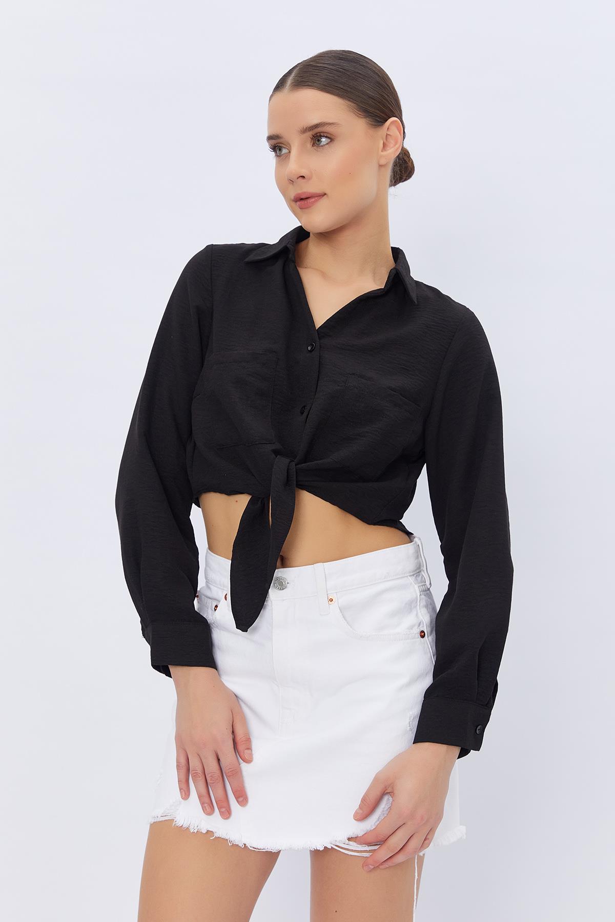 Bağlamalı Crop Gömlek - SİYAH