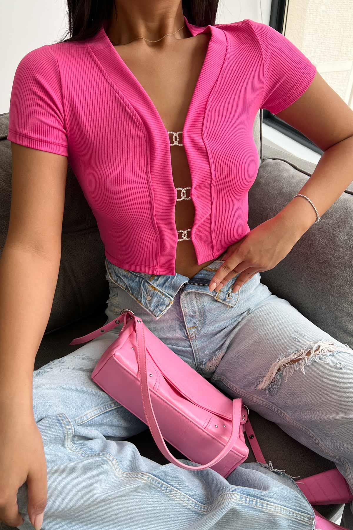 Cut Out Detaylı Taş Aksesuarlı Bluz Fuşya