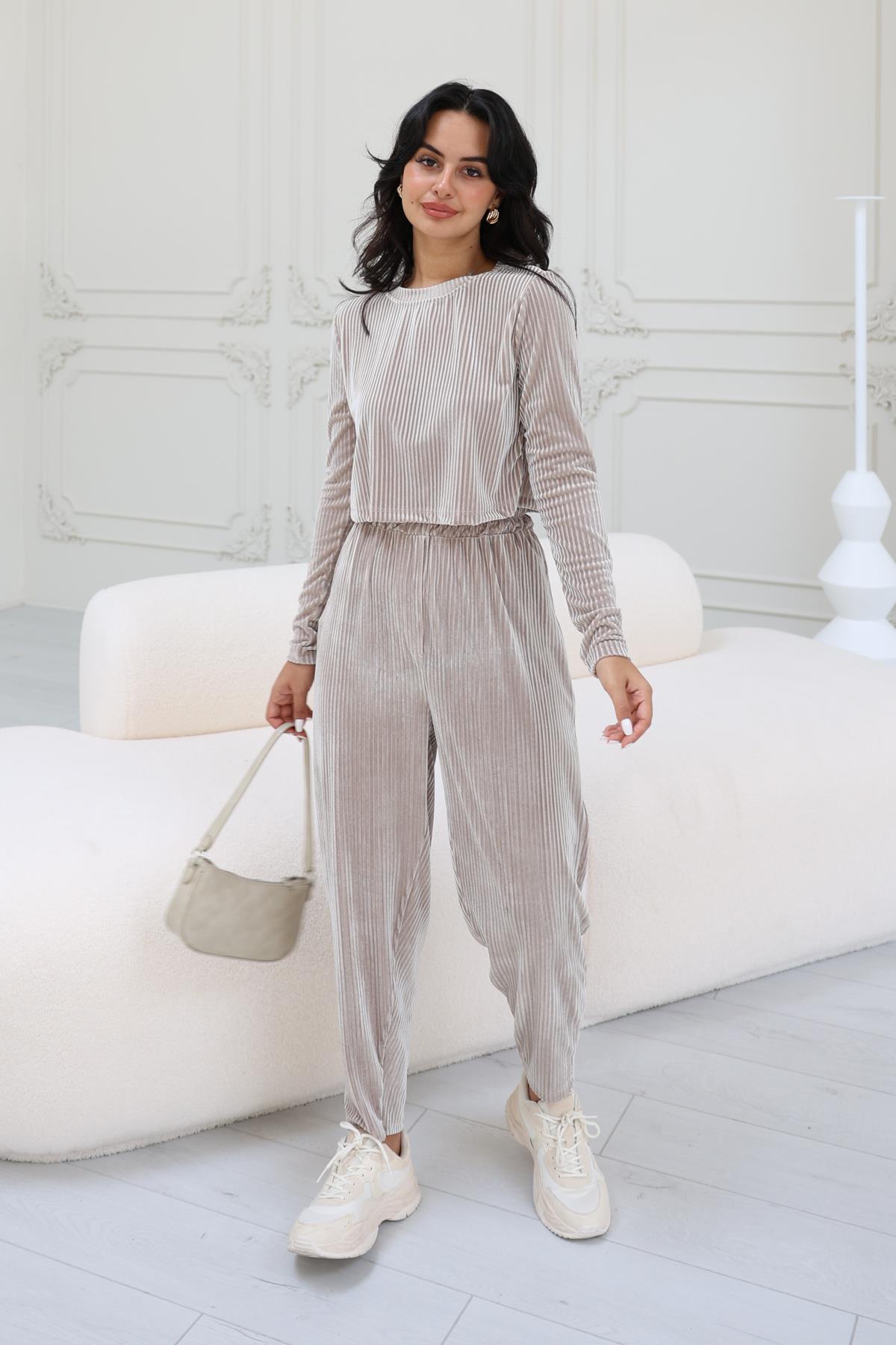 Kalın Fitilli Kadife Bluz Bej