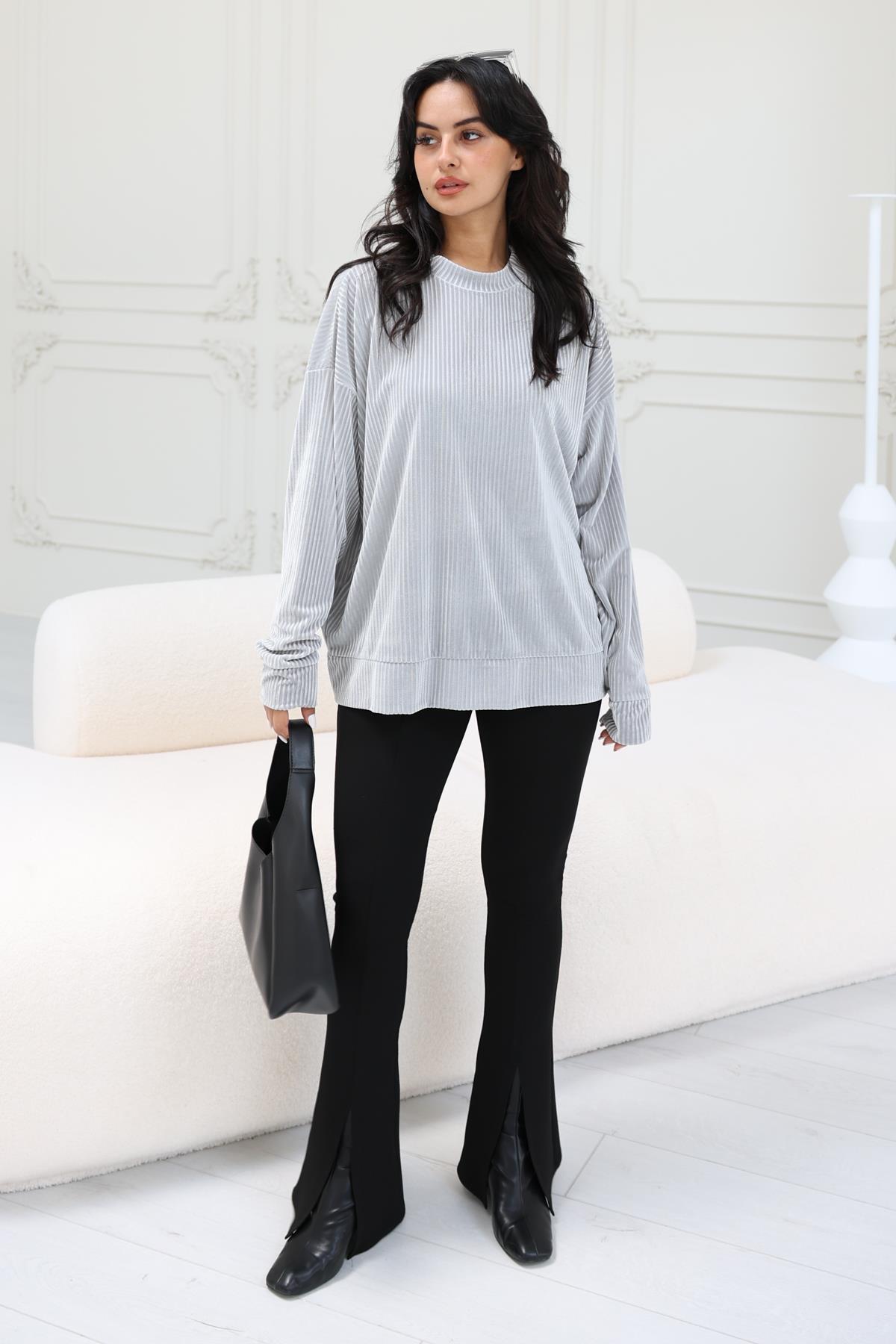 Kalın Fitilli Kadife Bluz Gri