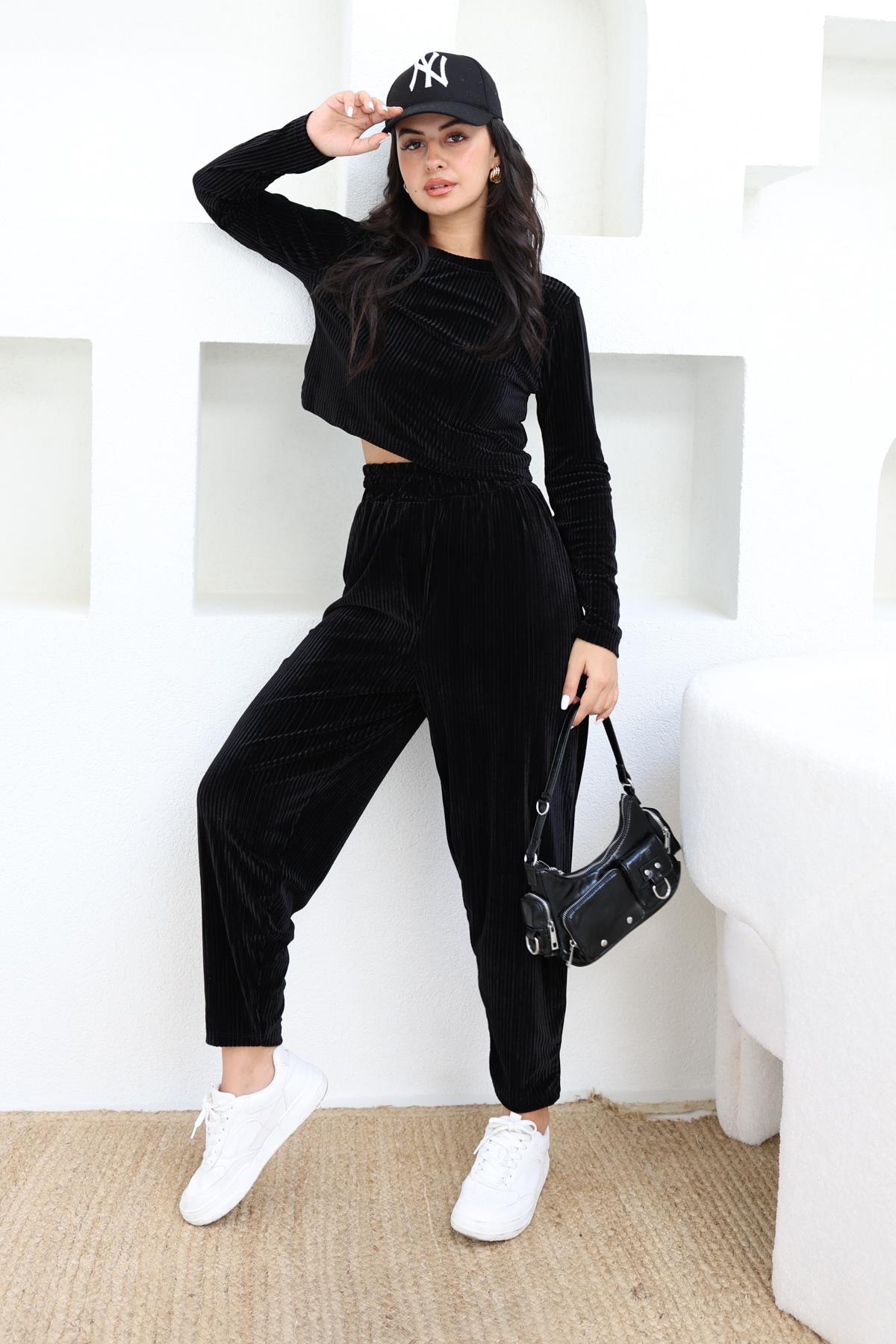 Kalın Fitilli Kadife Bluz Siyah