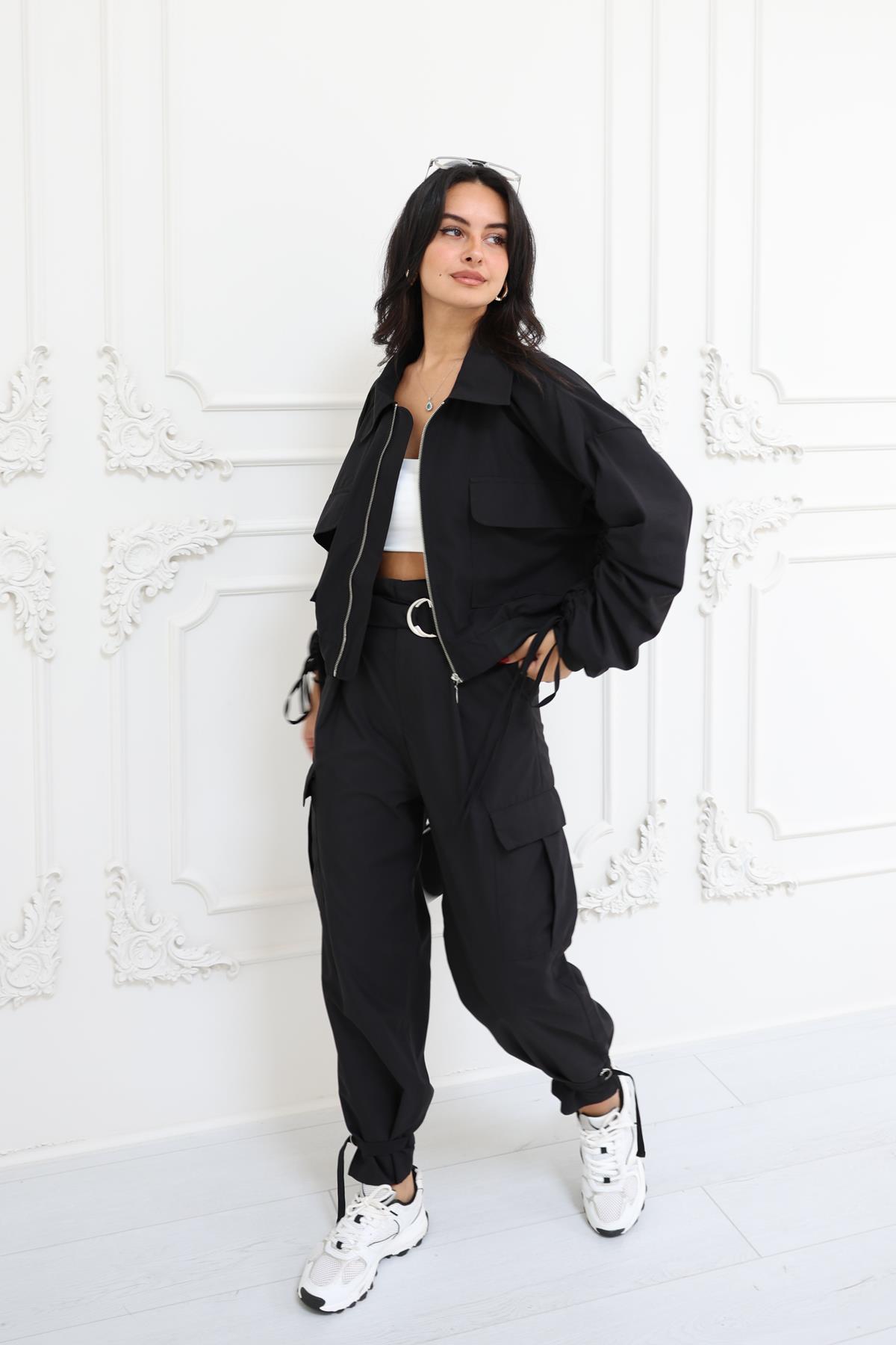 Beli Lastikli Bomber Ceket Siyah