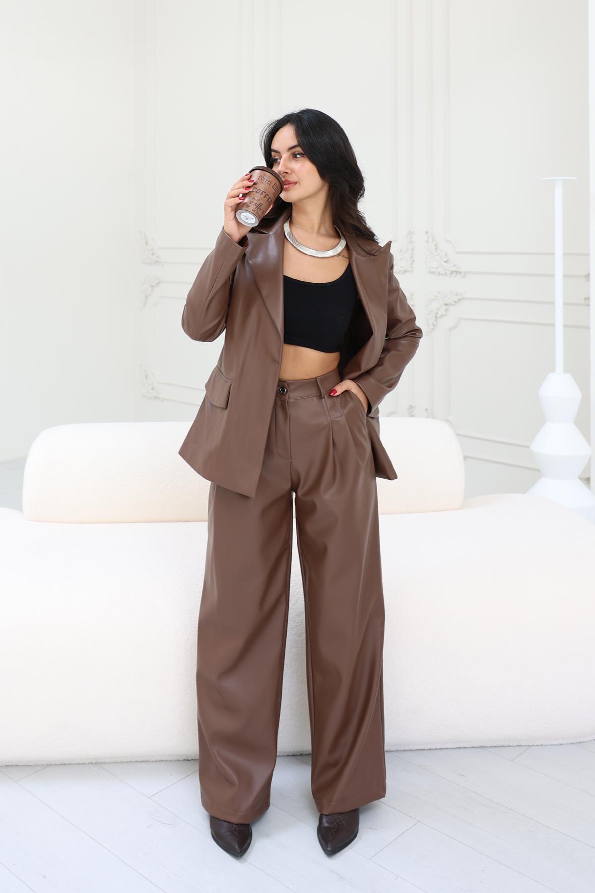 Blazer Mat Deri Ceket Taba