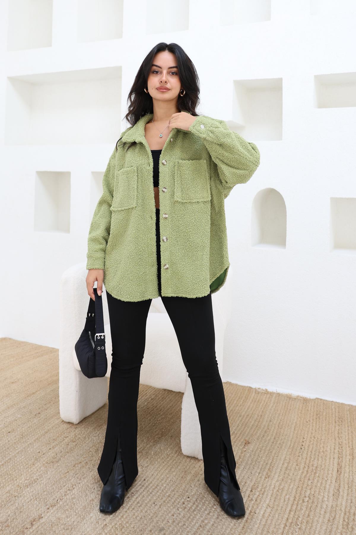 Çift Cepli Oversize Teddy Gömlek Yeşil