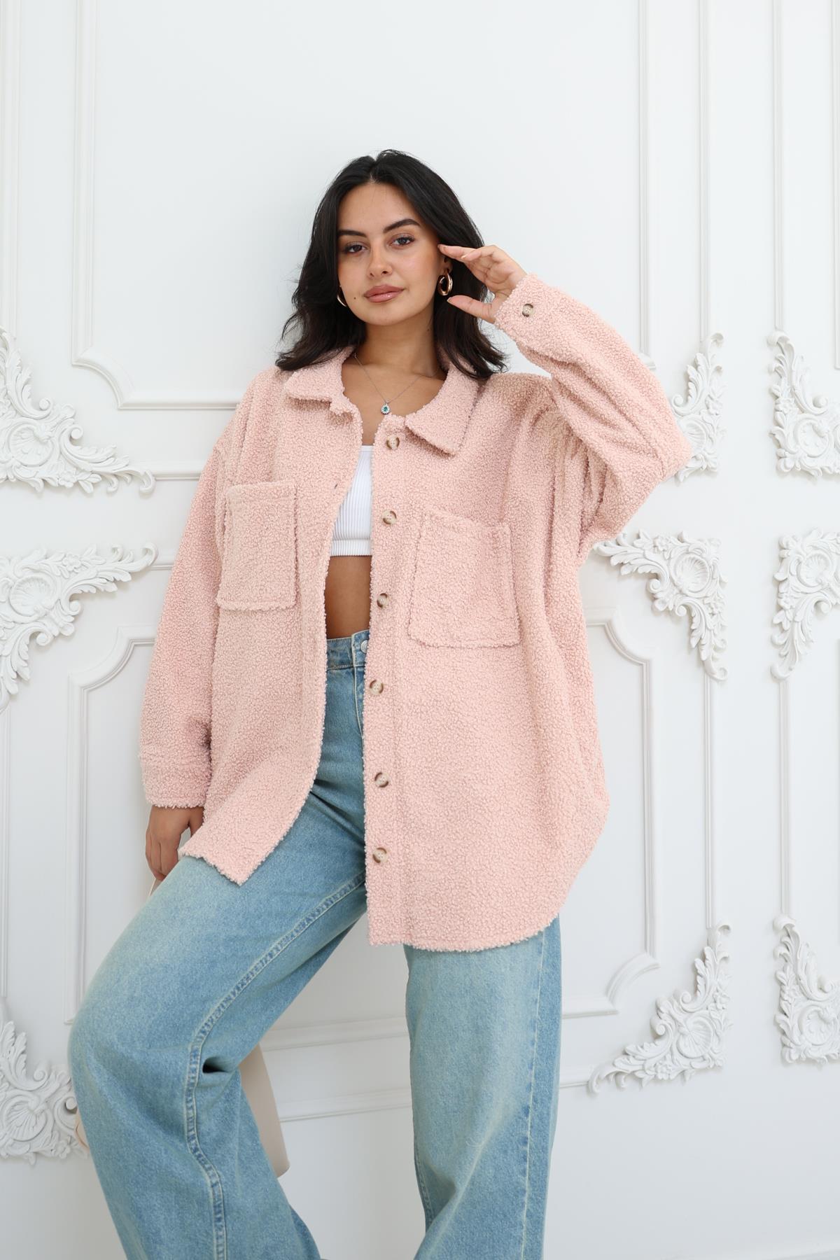 Çift Cepli Oversize Teddy Gömlek Pudra