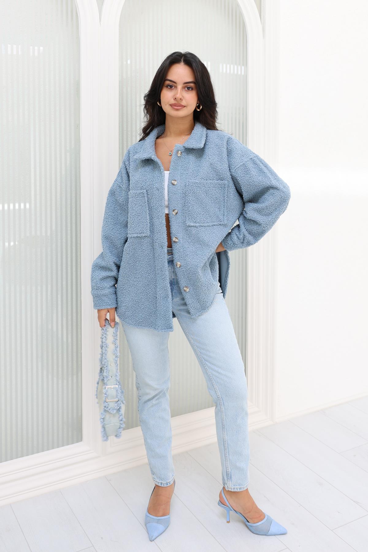 Çift Cepli Oversize Teddy Gömlek Mavi