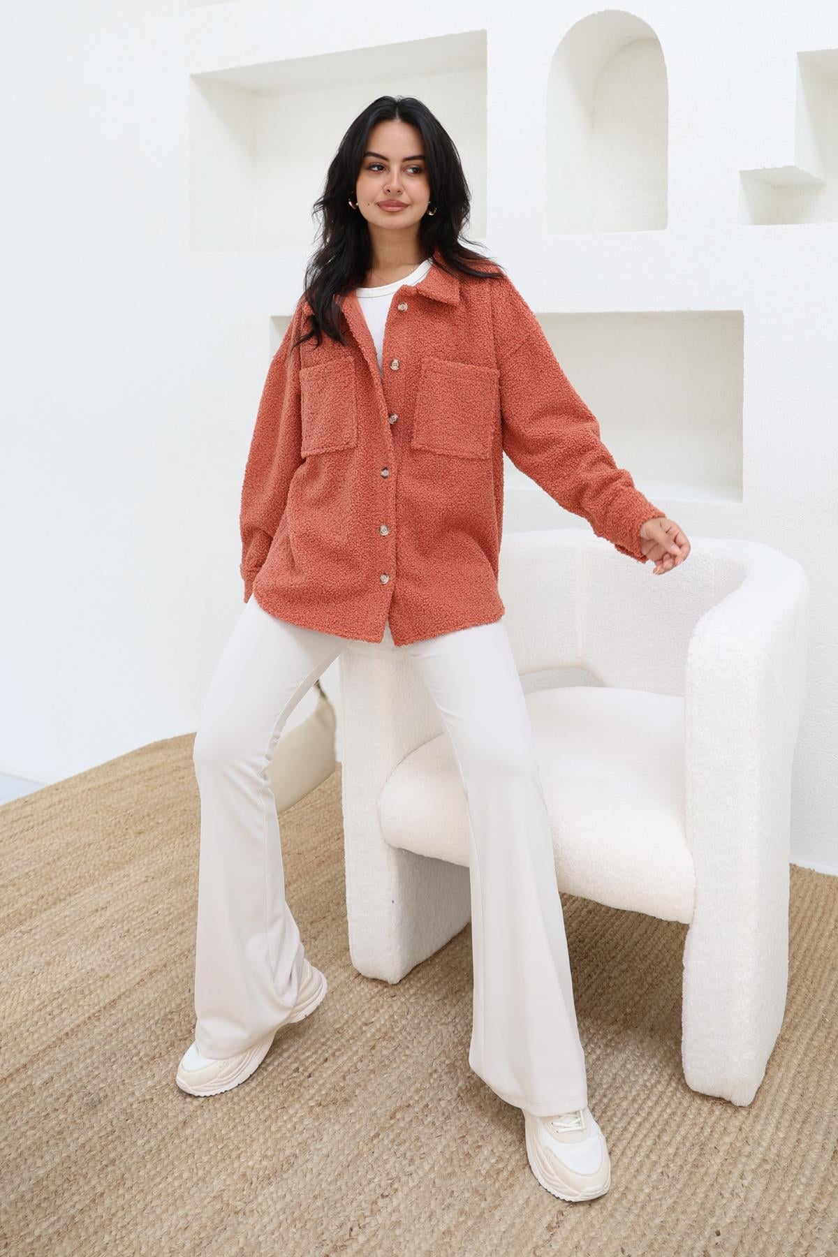 Çift Cepli Oversize Teddy Gömlek Kiremit