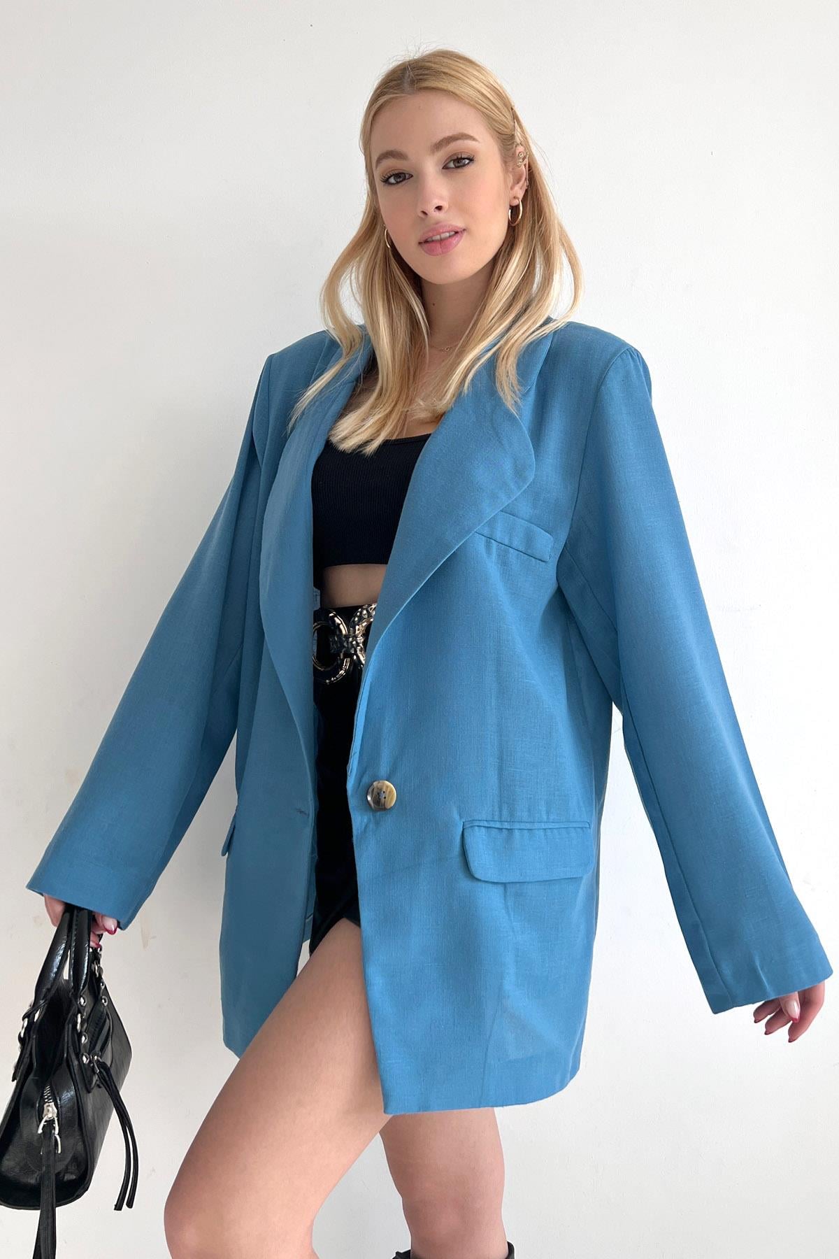 Kemik Düğme Blazer Ceket Mavi