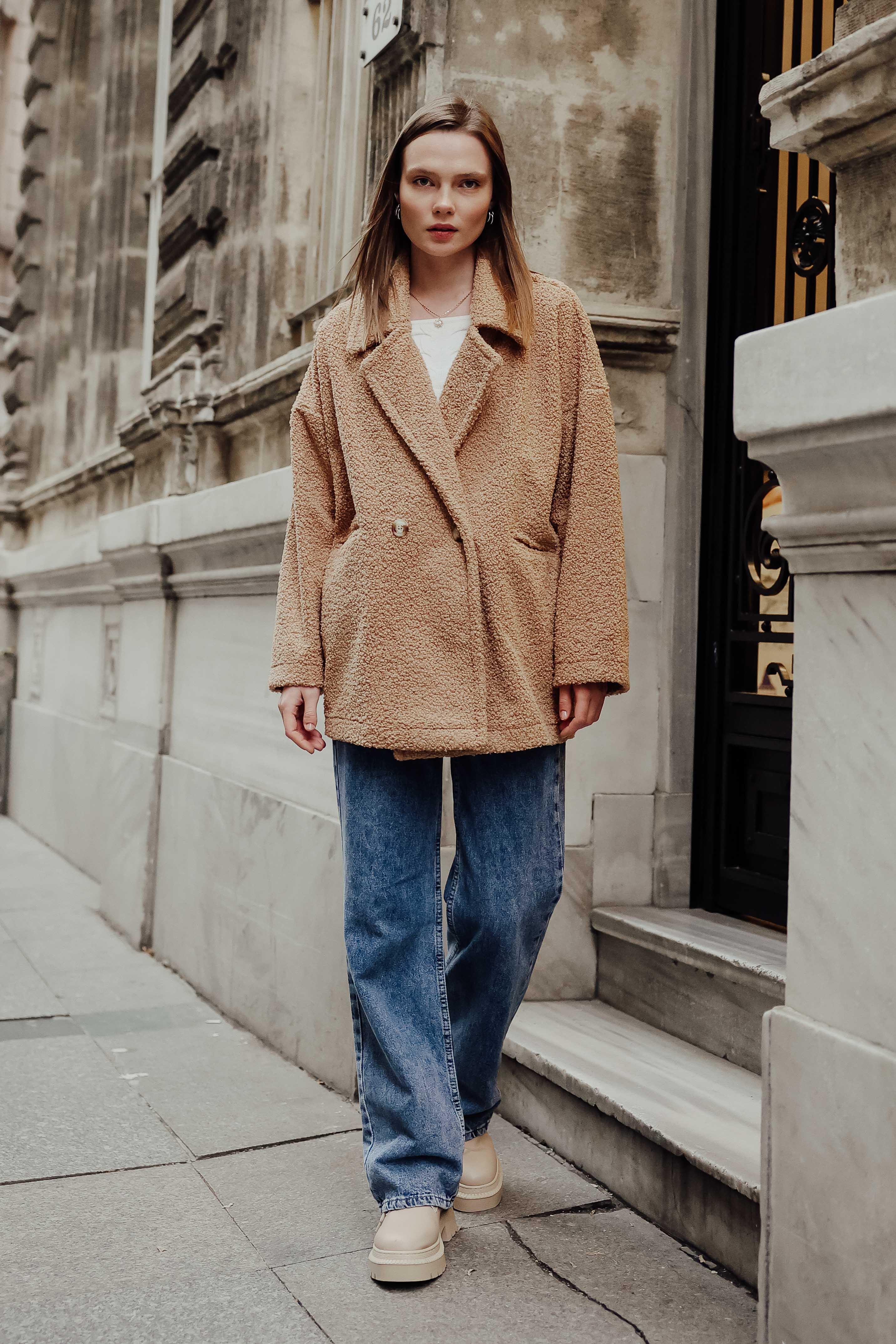 Toptan Cepli Teddy Ceket Camel