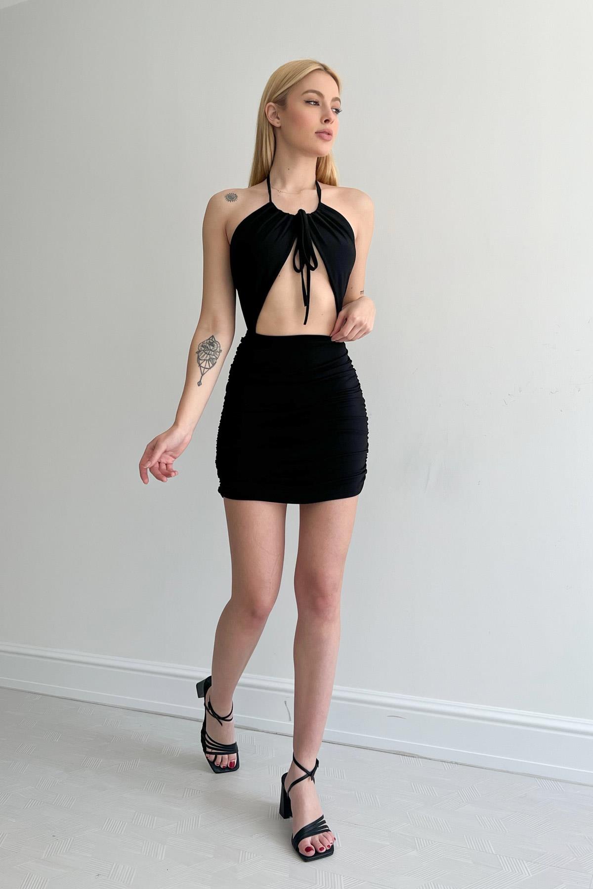 Cross Back Side Shirred Dress Black