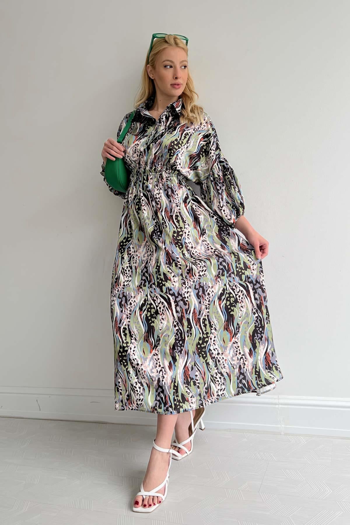 Elastic Waist Satin Dress Green