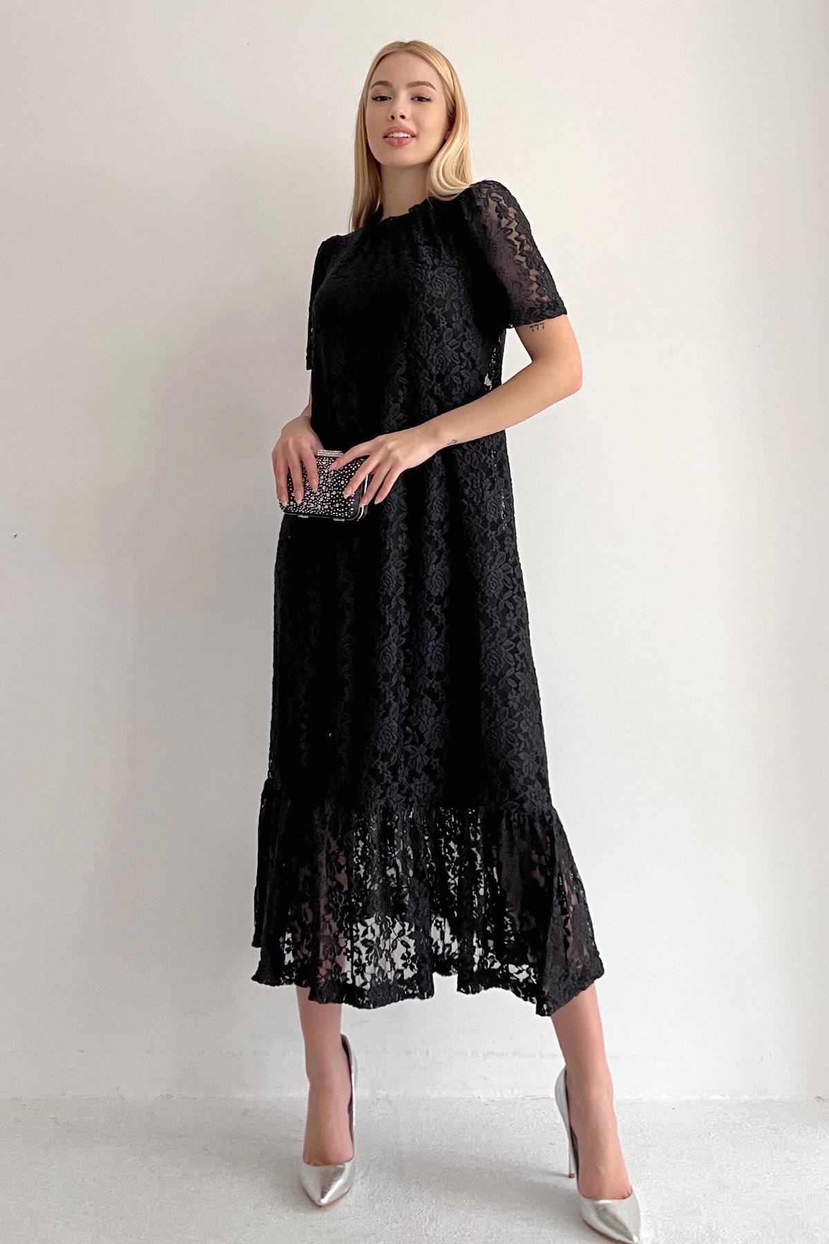 Bisiklet Yaka Kısa Kol Dantel Elbise Siyah