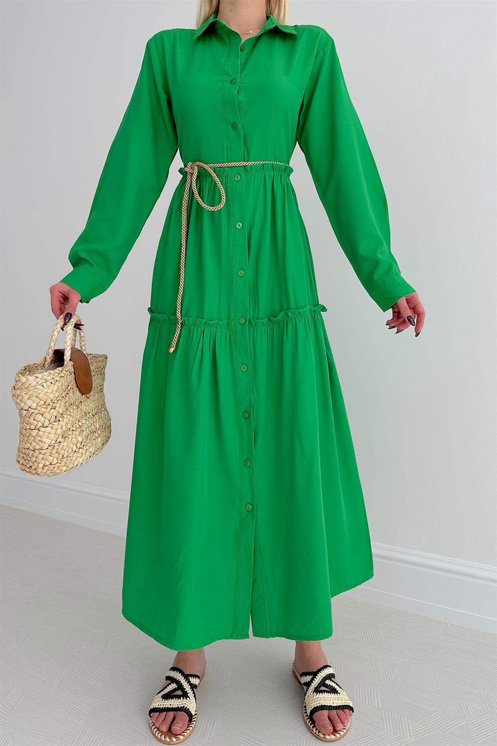 Boydan Düğme Gömlek Elbise B. Yeşil