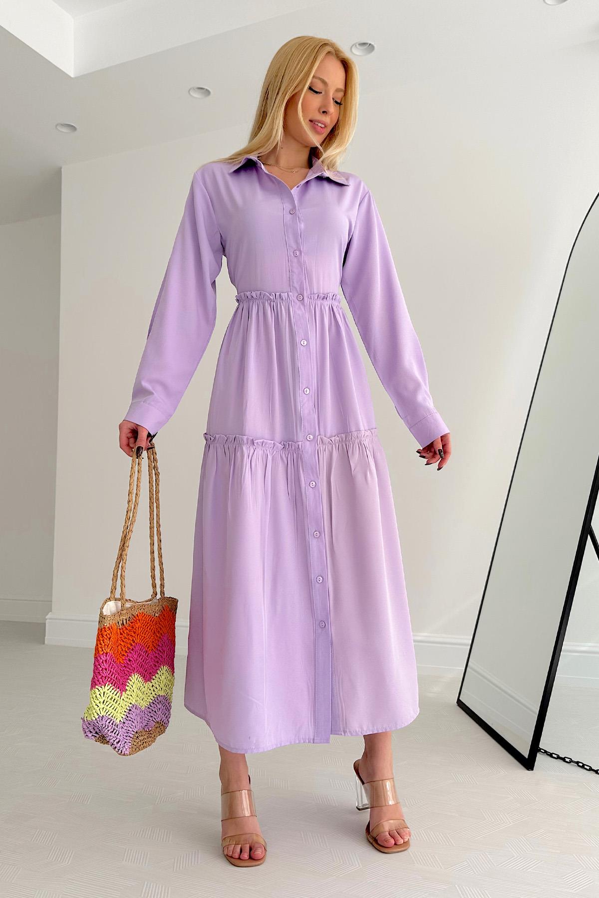 Neck Button Shirt Dress Lilac