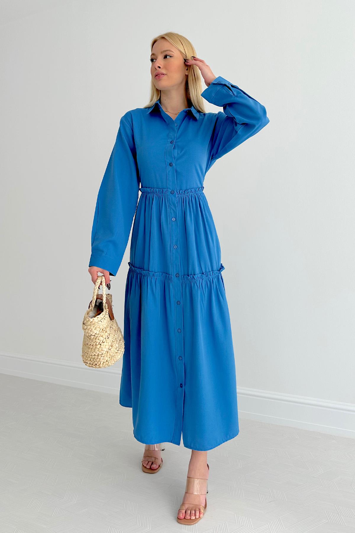 Neck Buttoned Shirt Dress Blue