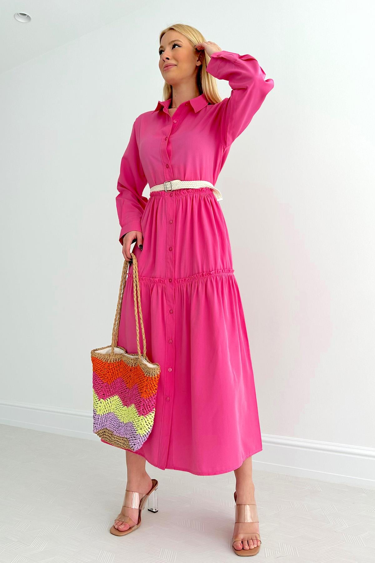 Boydan Düğme Gömlek Elbise Pembe