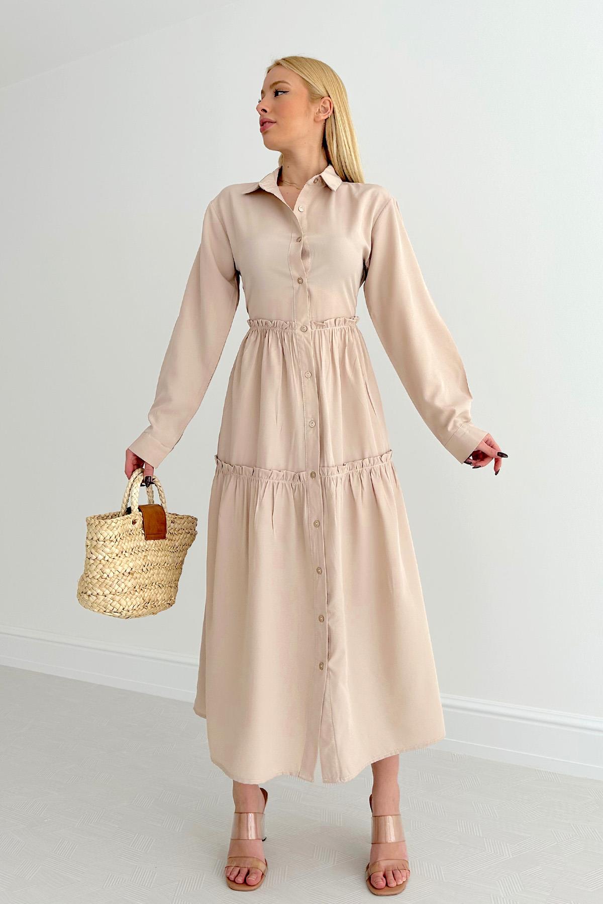 Boydan Düğme Gömlek Elbise Taş