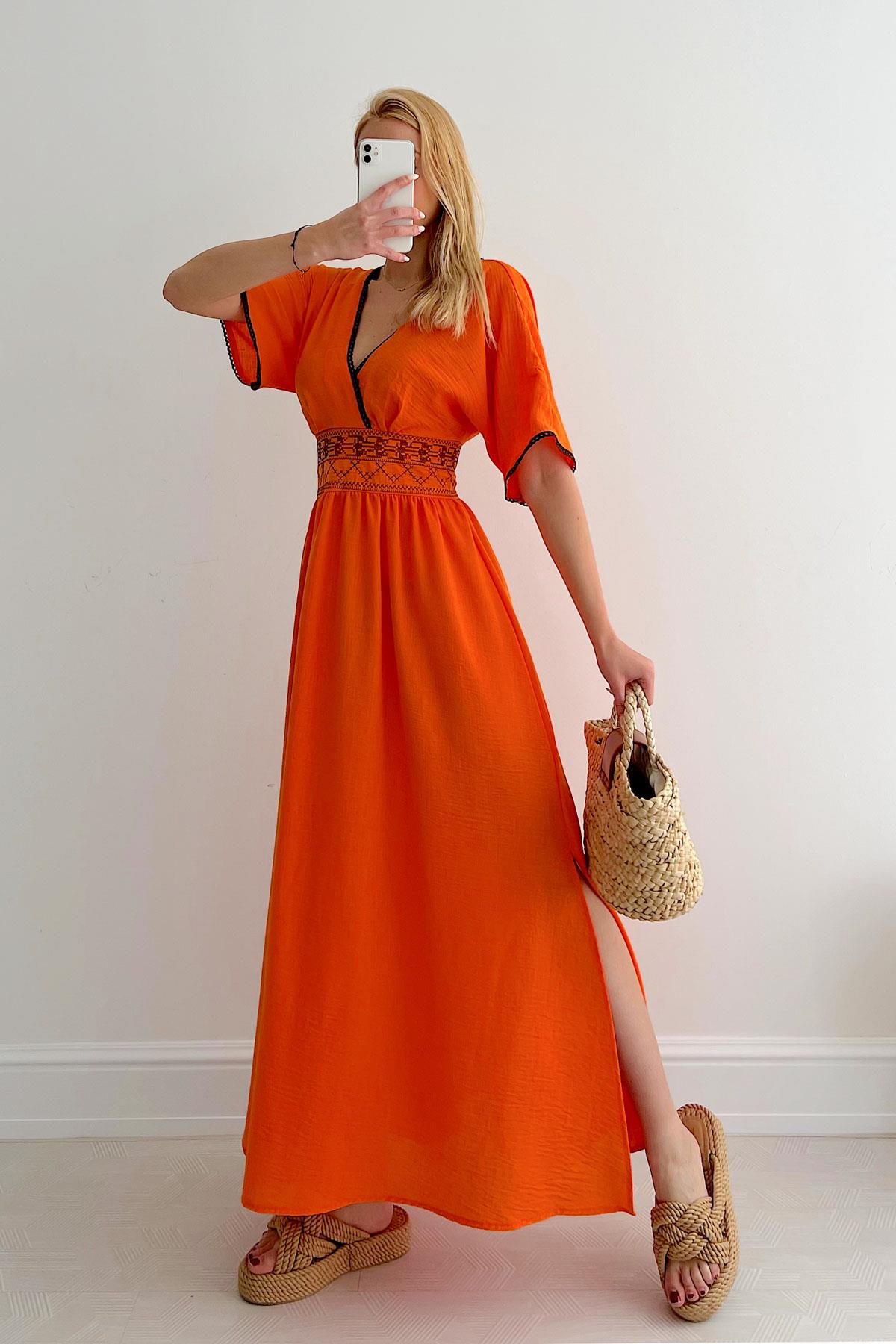 Etnik Bel Nakış İşlemeli Keten Elbise Oranj