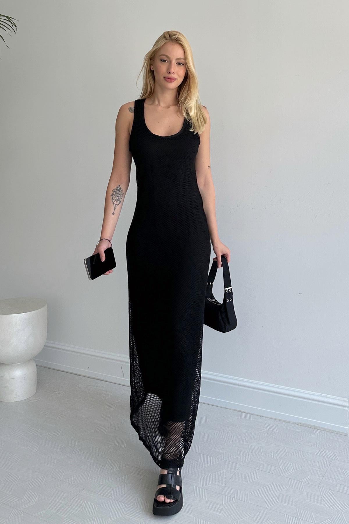 File Maxi Elbise Siyah