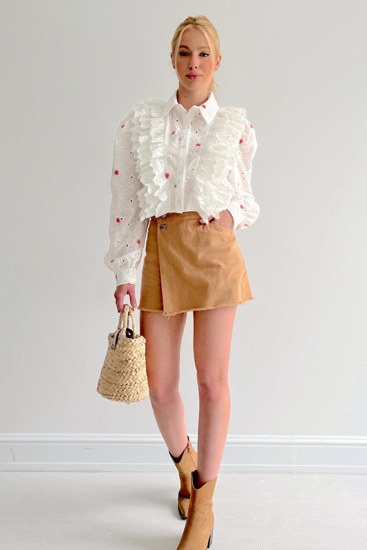 Asimetrik Şort Etek Camel